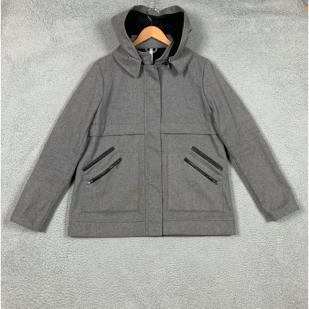 Fabletics Pella Coat Women's Large L Grey/Black Faux Leather Patch Hooded Jacket